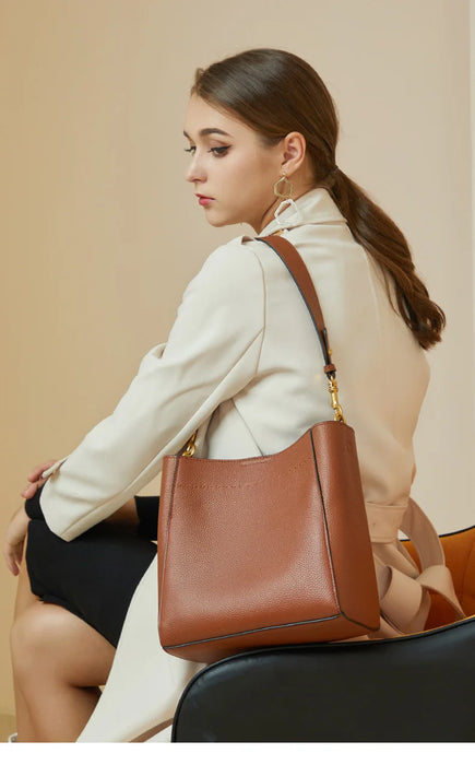 Women’s Genuine Leather Bucket Bag – Soft Cowhide Shoulder Handbag - Samanta Factory