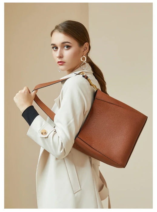 Women’s Genuine Leather Bucket Bag – Soft Cowhide Shoulder Handbag - Samanta Factory
