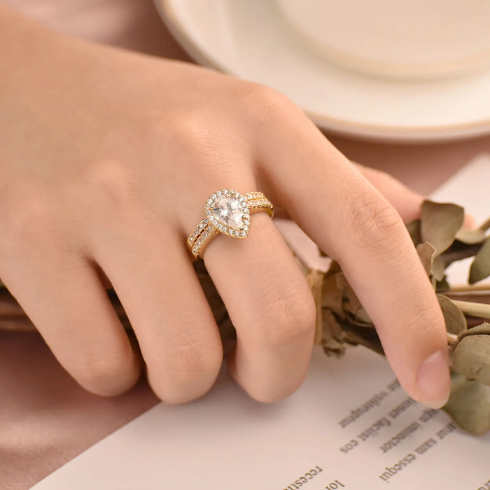 Pear Cut Bridal Ring Set – Sterling Silver With Halo Zircon Shine