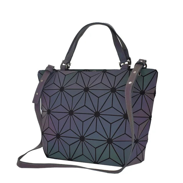 Shimmering PU Fold-Over Shoulder Bag – Futuristic Geometric Design for Women