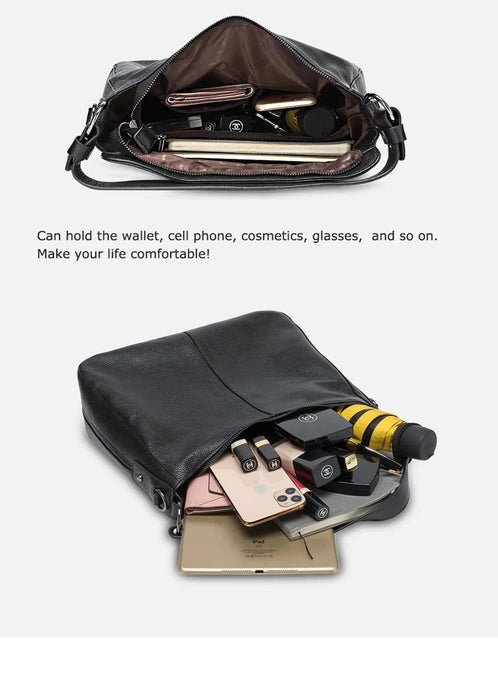 Genuine Leather Shoulder Bag – Soft, Versatile Hobo with Ruched Design - Samanta Factory