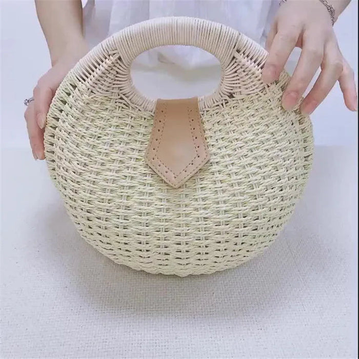 Women's Natural Rattan Handwoven Round Shell Handbag Top-handle Bag Summer Fashion Bohemia Female Casual Tote Clutch Beach Bag SF