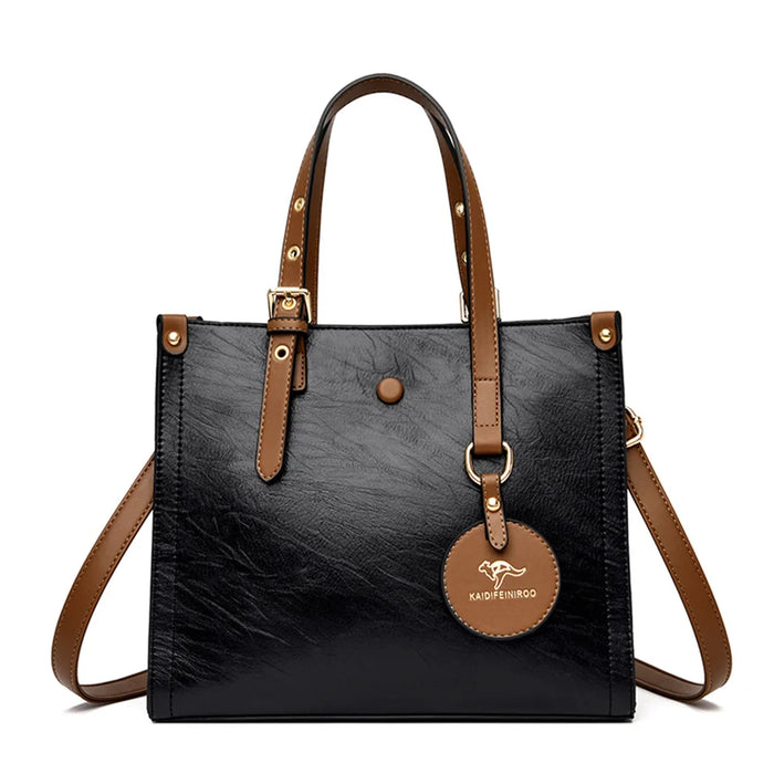 Women’s Leather Handbag – Vintage Casual Tote with Zipper & Hasp Closure - Samanta Factory