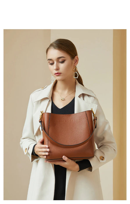 Women’s Genuine Leather Bucket Bag – Soft Cowhide Shoulder Handbag - Samanta Factory
