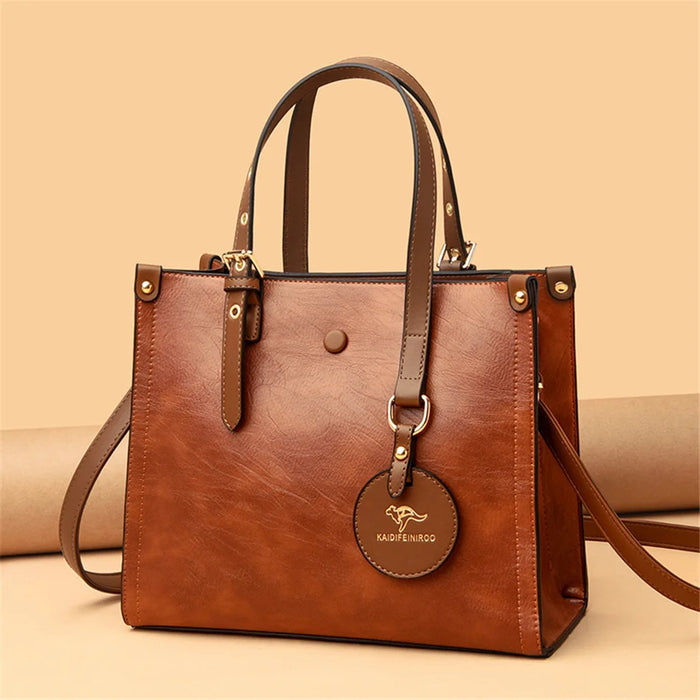 Women’s Leather Handbag – Vintage Casual Tote with Zipper & Hasp Closure - Samanta Factory