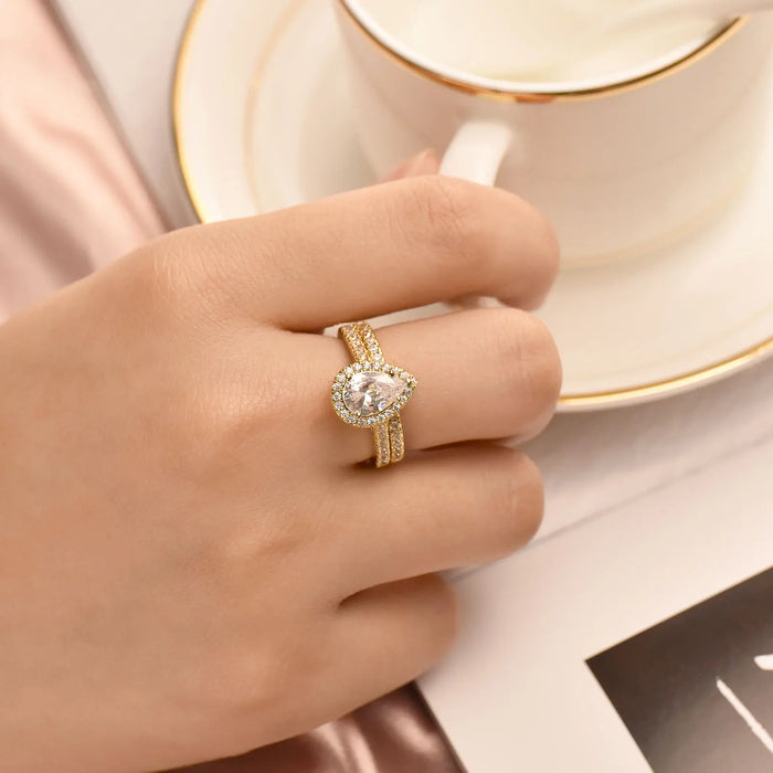 Pear Cut Bridal Ring Set – Sterling Silver With Halo Zircon Shine