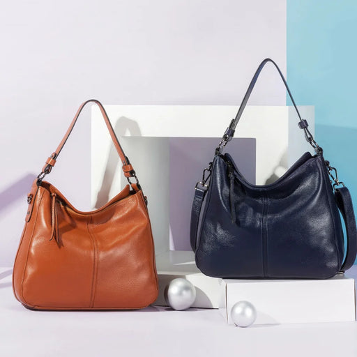 Soft genuine leather ruched shoulder bag for women with multiple pockets and cotton lining