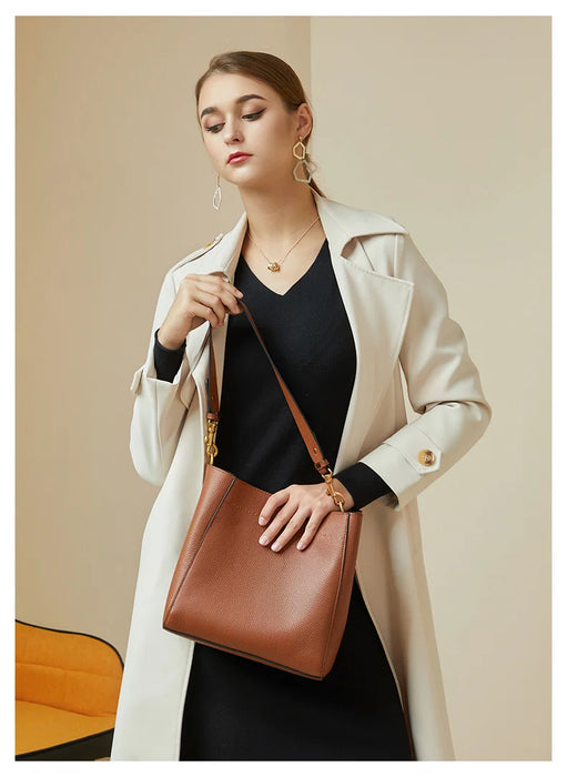 Women’s Genuine Leather Bucket Bag – Soft Cowhide Shoulder Handbag - Samanta Factory