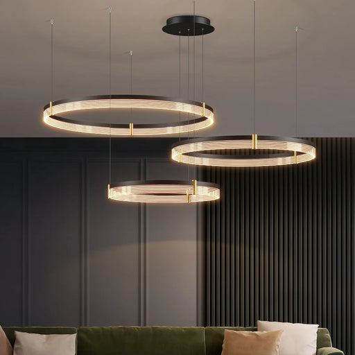 Modern Nordic LED pendant light fixture with aluminum frame, acrylic lampshade, and adjustable color temperature