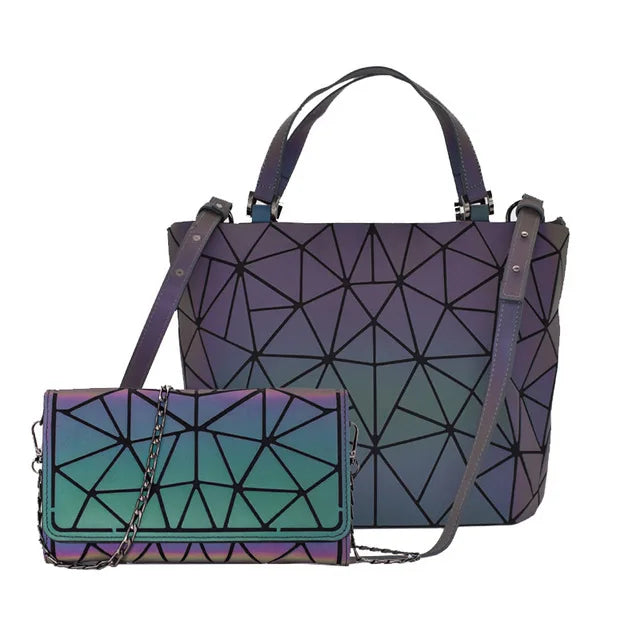 Shimmering PU Fold-Over Shoulder Bag – Futuristic Geometric Design for Women
