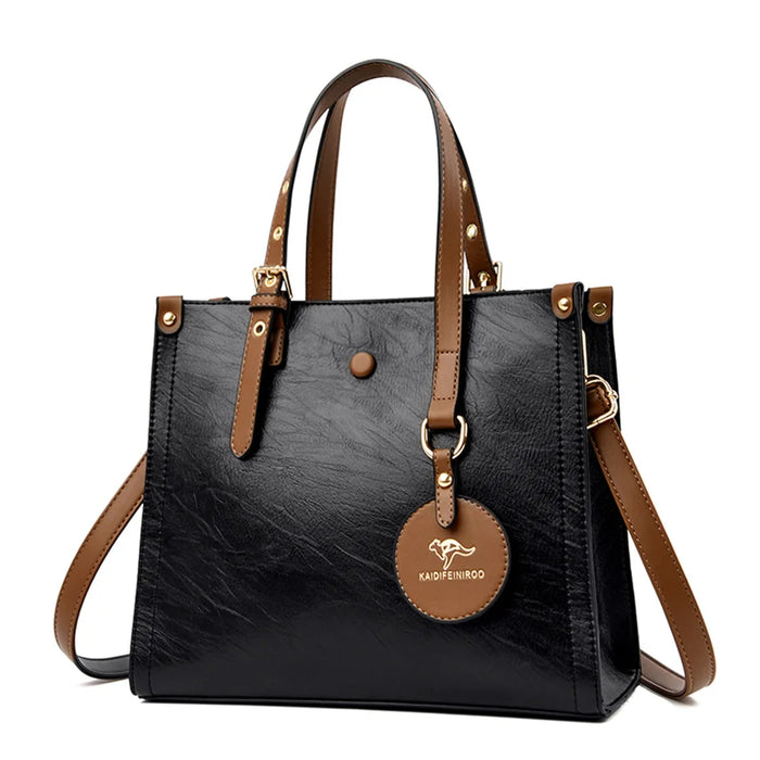 Women’s Leather Handbag – Vintage Casual Tote with Zipper & Hasp Closure - Samanta Factory