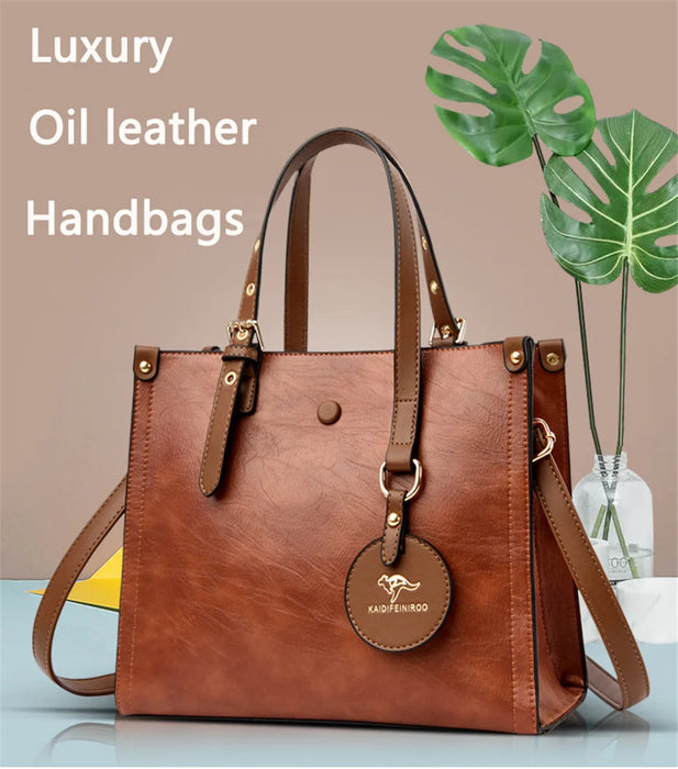 Women’s Leather Handbag – Vintage Casual Tote with Zipper & Hasp Closure - Samanta Factory