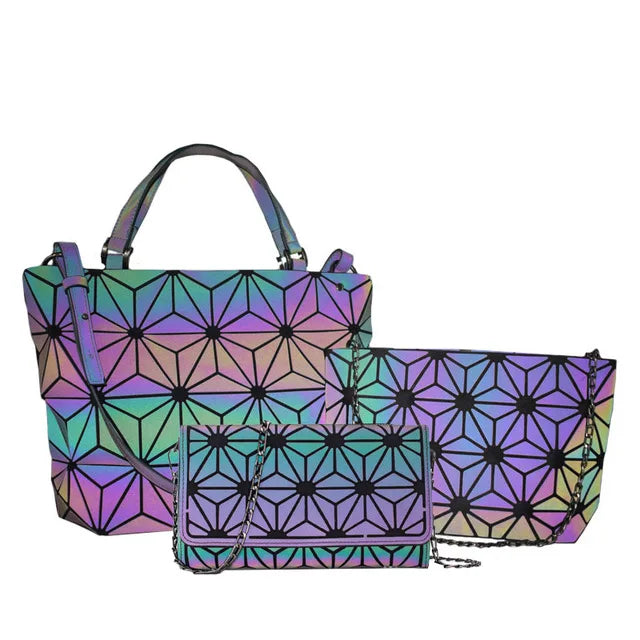 Shimmering PU Fold-Over Shoulder Bag – Futuristic Geometric Design for Women