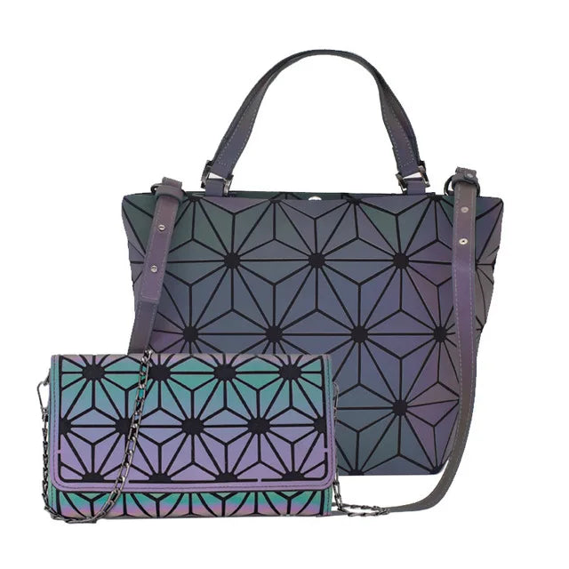 Shimmering PU Fold-Over Shoulder Bag – Futuristic Geometric Design for Women