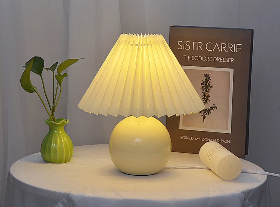 Korean Table Lamp – Vintage Pleated Fabric Shade with Ceramic Base