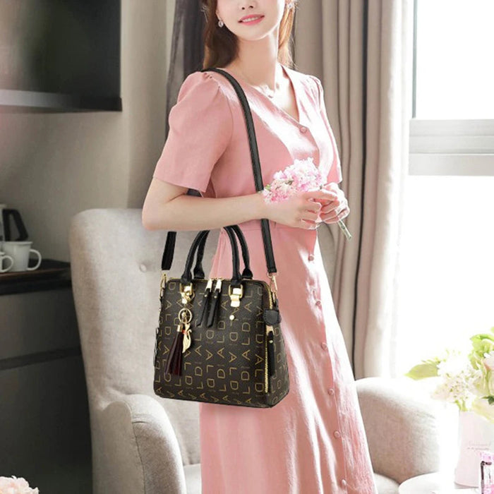 Women’s PU Leather Tote Handbag – Large Capacity Letter Design Tassel Shoulder Bag SF