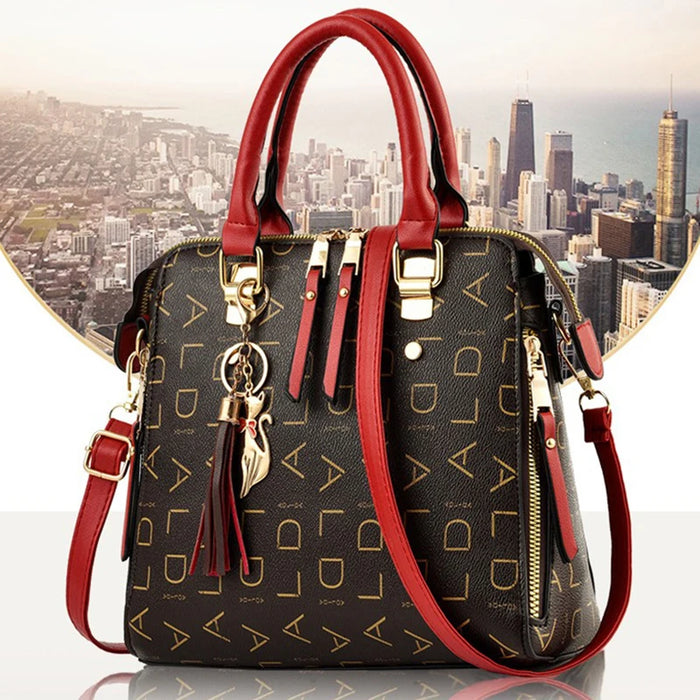 Women’s PU leather tote handbag with letter design and tassel detail