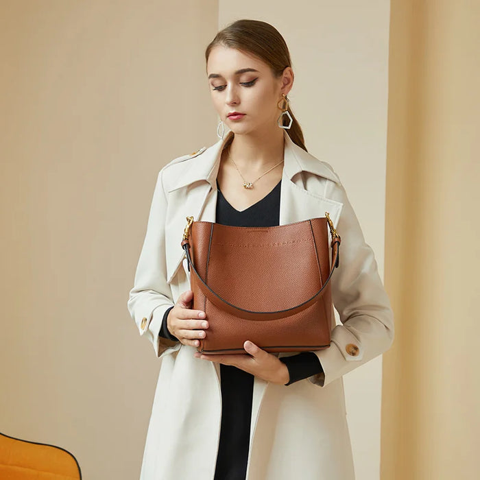 Women’s Genuine Leather Bucket Bag – Soft Cowhide Shoulder Handbag - Samanta Factory