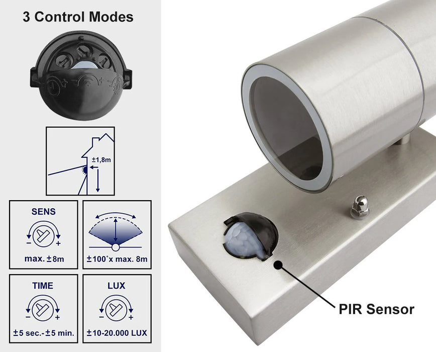 PIR Motion Sensor LED Wall Light – Stainless Steel, Waterproof IP44 Outdoor Lamp - Samanta Factory