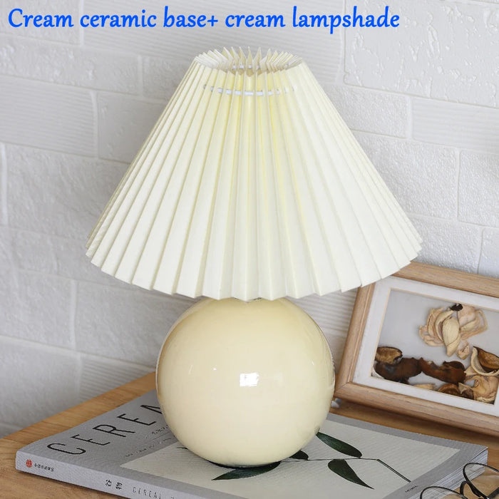 Korean Table Lamp – Vintage Pleated Fabric Shade with Ceramic Base