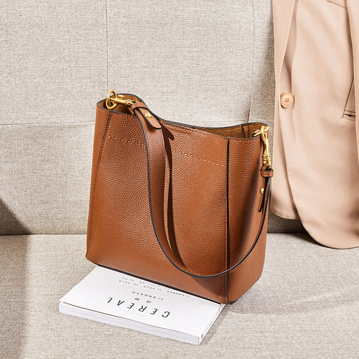 Women’s Genuine Leather Bucket Bag – Soft Cowhide Shoulder Handbag - Samanta Factory