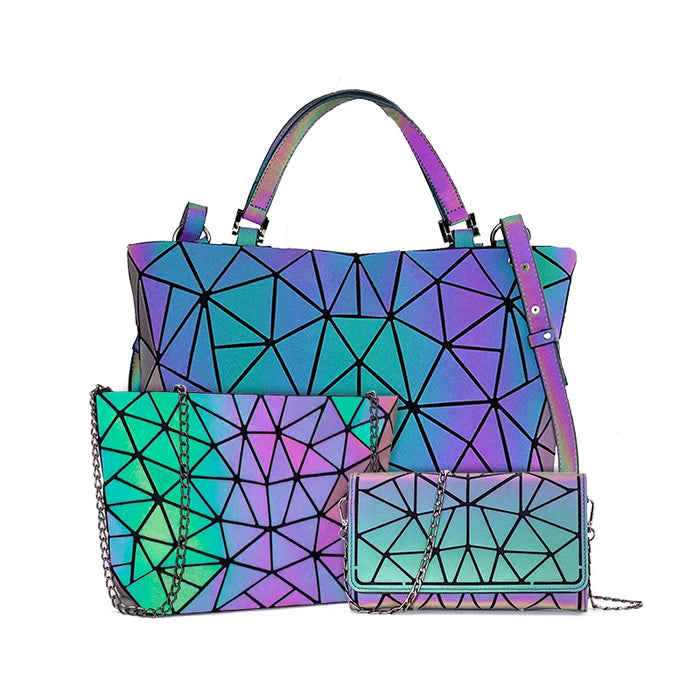 Shimmering PU Fold-Over Shoulder Bag – Futuristic Geometric Design for Women