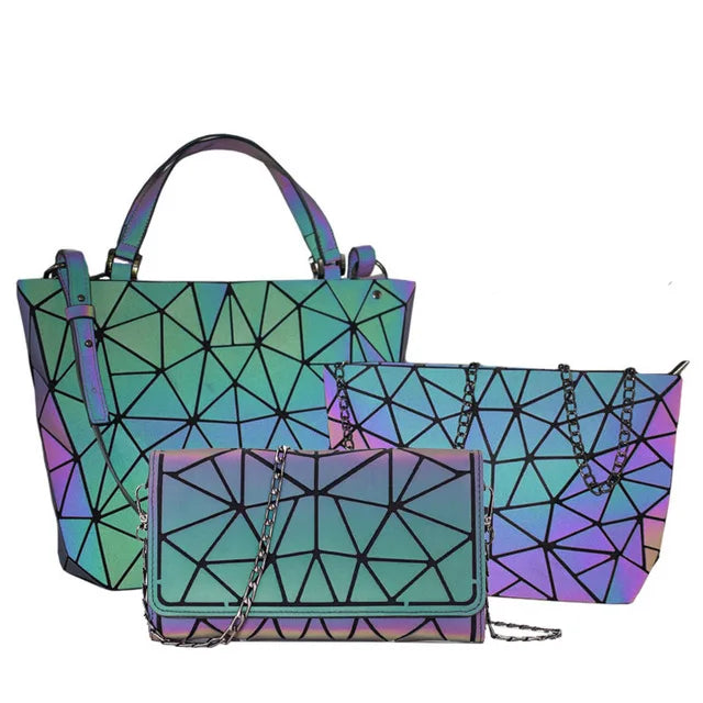 Shimmering PU Fold-Over Shoulder Bag – Futuristic Geometric Design for Women