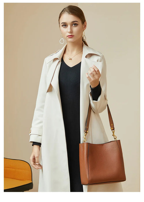 Women’s Genuine Leather Bucket Bag – Soft Cowhide Shoulder Handbag - Samanta Factory