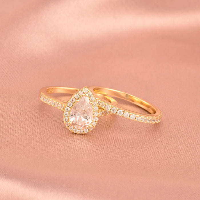 Pear Cut Bridal Ring Set – Sterling Silver With Halo Zircon Shine