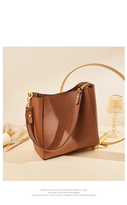 Women’s Genuine Leather Bucket Bag – Soft Cowhide Shoulder Handbag - Samanta Factory