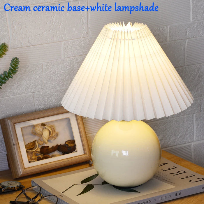 Korean Table Lamp – Vintage Pleated Fabric Shade with Ceramic Base