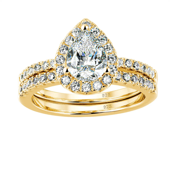 Pear Cut Bridal Ring Set – Sterling Silver With Halo Zircon Shine