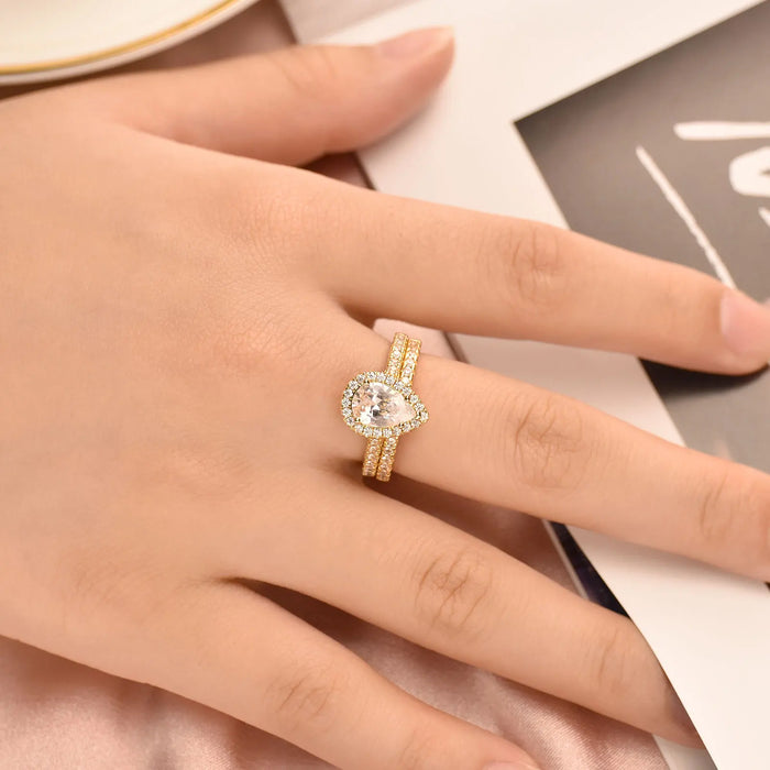 Pear Cut Bridal Ring Set – Sterling Silver With Halo Zircon Shine