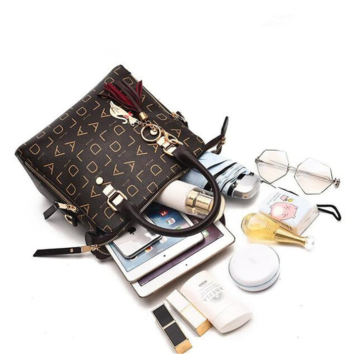 Women’s PU Leather Tote Handbag – Large Capacity Letter Design Tassel Shoulder Bag SF