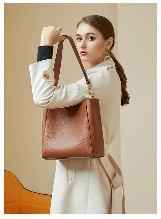 Women’s Genuine Leather Bucket Bag – Soft Cowhide Shoulder Handbag - Samanta Factory