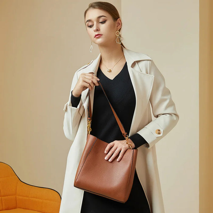 Women’s Genuine Leather Bucket Bag – Soft Cowhide Shoulder Handbag - Samanta Factory