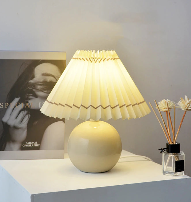 Korean Table Lamp – Vintage Pleated Fabric Shade with Ceramic Base