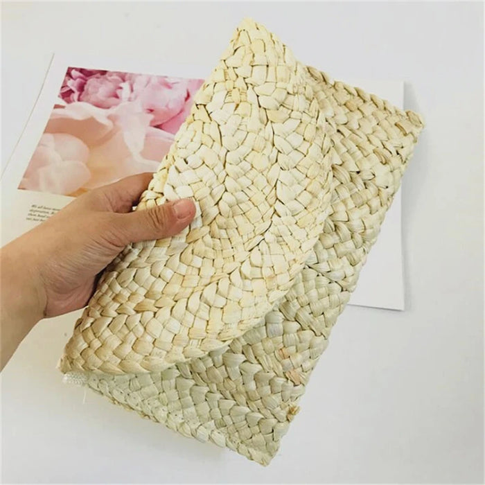 Boho Straw Flap Bag for Women – Hard Shell Woven Handbag for Summer Outings