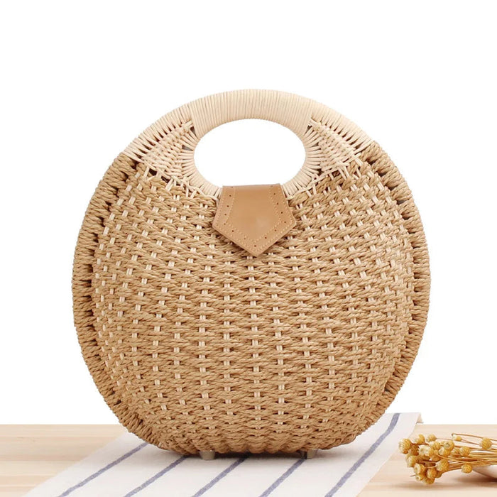 Women's Natural Rattan Handwoven Round Shell Handbag Top-handle Bag Summer Fashion Bohemia Female Casual Tote Clutch Beach Bag SF