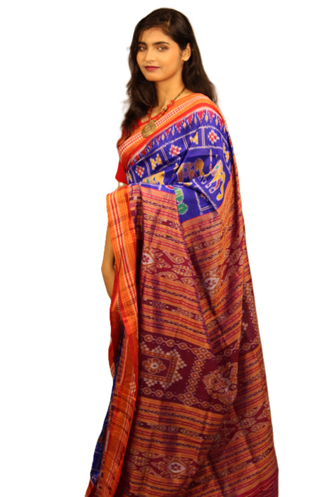Handwoven Khandua silk saree from Odisha with Ikat tie-dye patterns featuring lotuses, animals, and geometric motifs, saree only