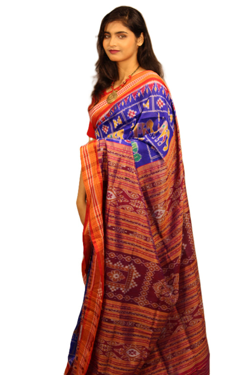 Handwoven Khandua silk saree from Odisha with Ikat tie-dye patterns featuring lotuses, animals, and geometric motifs, saree only