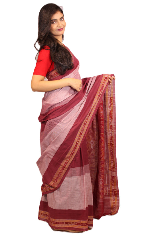 Handwoven Khandua cotton saree from Odisha with Ikat weave, featuring lotus, conch, and geometric motifs, saree only