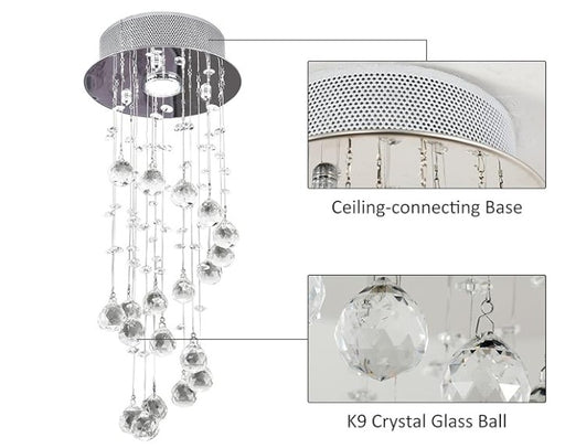 Modern crystal spiral chandelier with chrome finish and K9 glass droplets hanging in a hallway setting