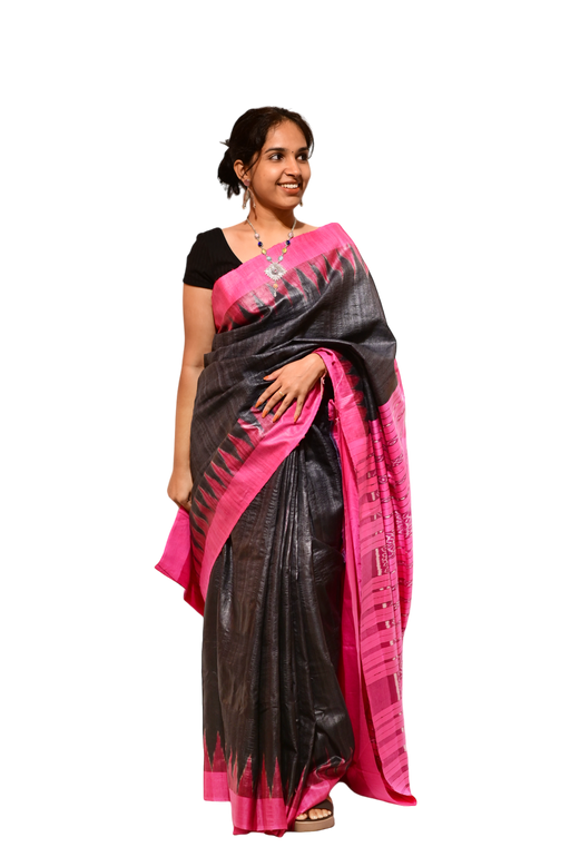 Handwoven Tussar Silk Saree with Madhubani and Pattachitra traditional motifs in golden wild silk