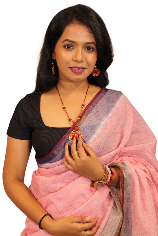 Khandua cotton saree handwoven in Odisha with Ikat weave, featuring lotus, conch, and geometric motifs, saree only