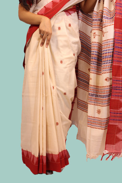 Kotpad Saree – Cream Body with Maroon Aul Dye