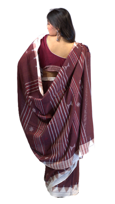 Kotpad Saree – Natural Maroon Body with Buti Tribal Motifs