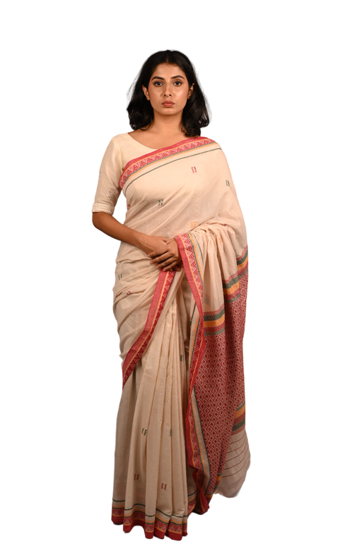 Handwoven Habaspuri Saree from Odisha featuring traditional tribal and temple motifs in cotton and silk blend
