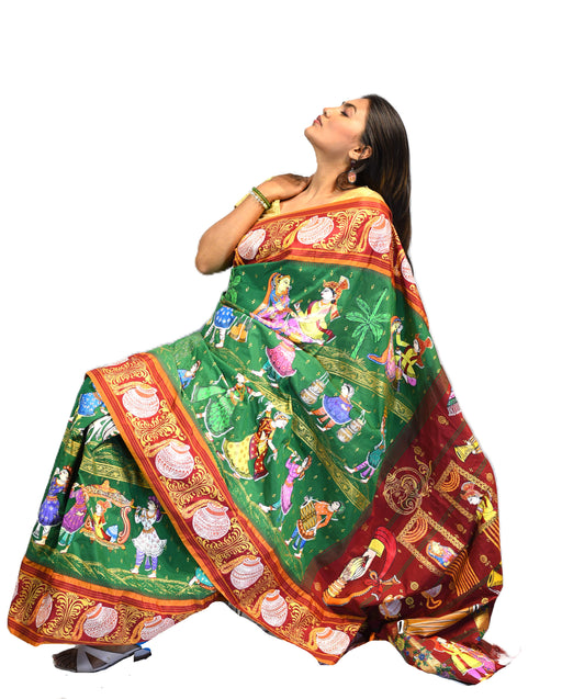 Pattachitra Saree with blouse hand-painted textile from Odisha featuring vibrant mythological and natural motifs