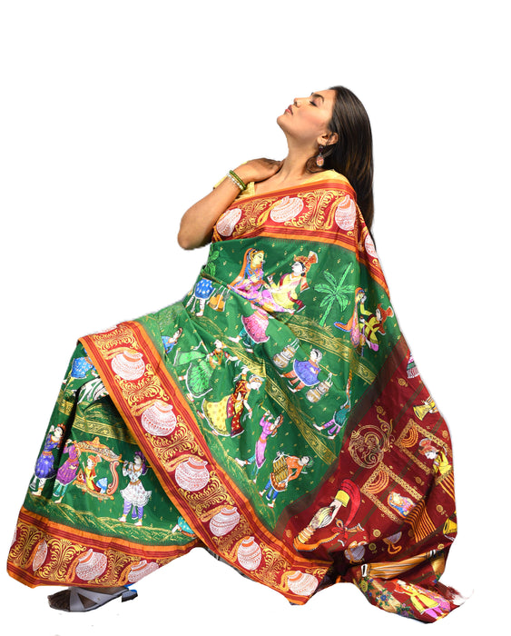 Pattachitra Saree with blouse hand-painted textile from Odisha featuring vibrant mythological and natural motifs